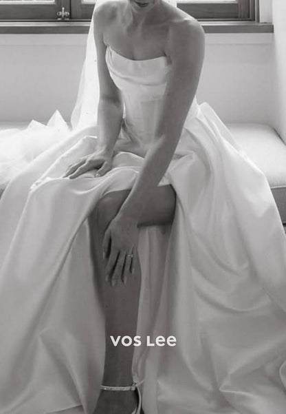A-Line Strapless Scoop Pleated Wedding Dresses with High Split