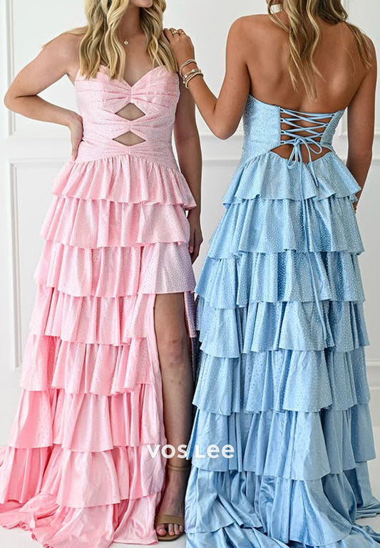 Sweetheart Bead Sequis Cutotut Tiered A-line Long Prom Dresse With Split