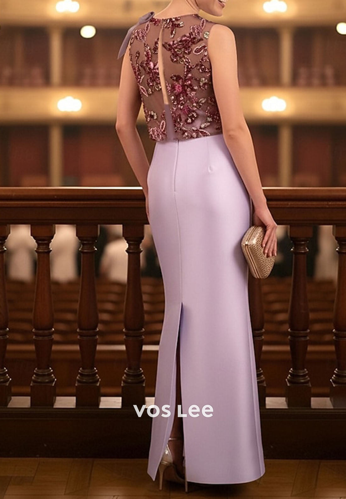 Lilac Satin Mermaid Mother of the Bride Gown with Beaded Illusion Bodice