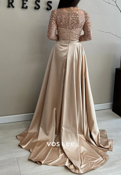 Long Sleeves Sequins Sweetheart Pleated Evening Dress with Sweep Train