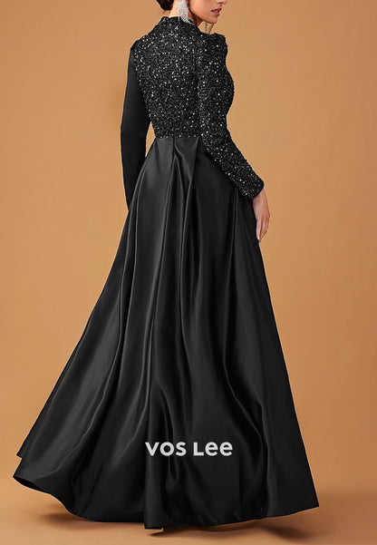 Stunning High-Neck Long-Sleeves Sequin Sheath Evening Dress Formal Gowns