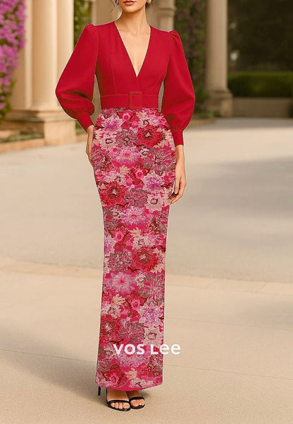 Elegant V-neck Long Sleeves Beading Flowers Sheath Evening Dress Formal Dress