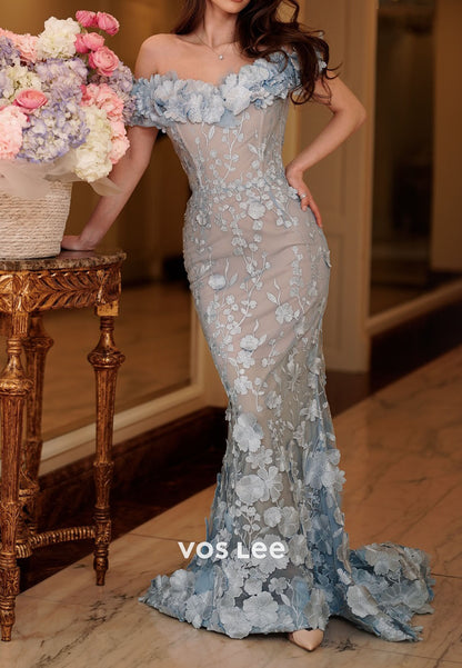 Light Blue 3D Floral Off Shoulder Mermaid Prom Dress, Formal Evening Gown for Women