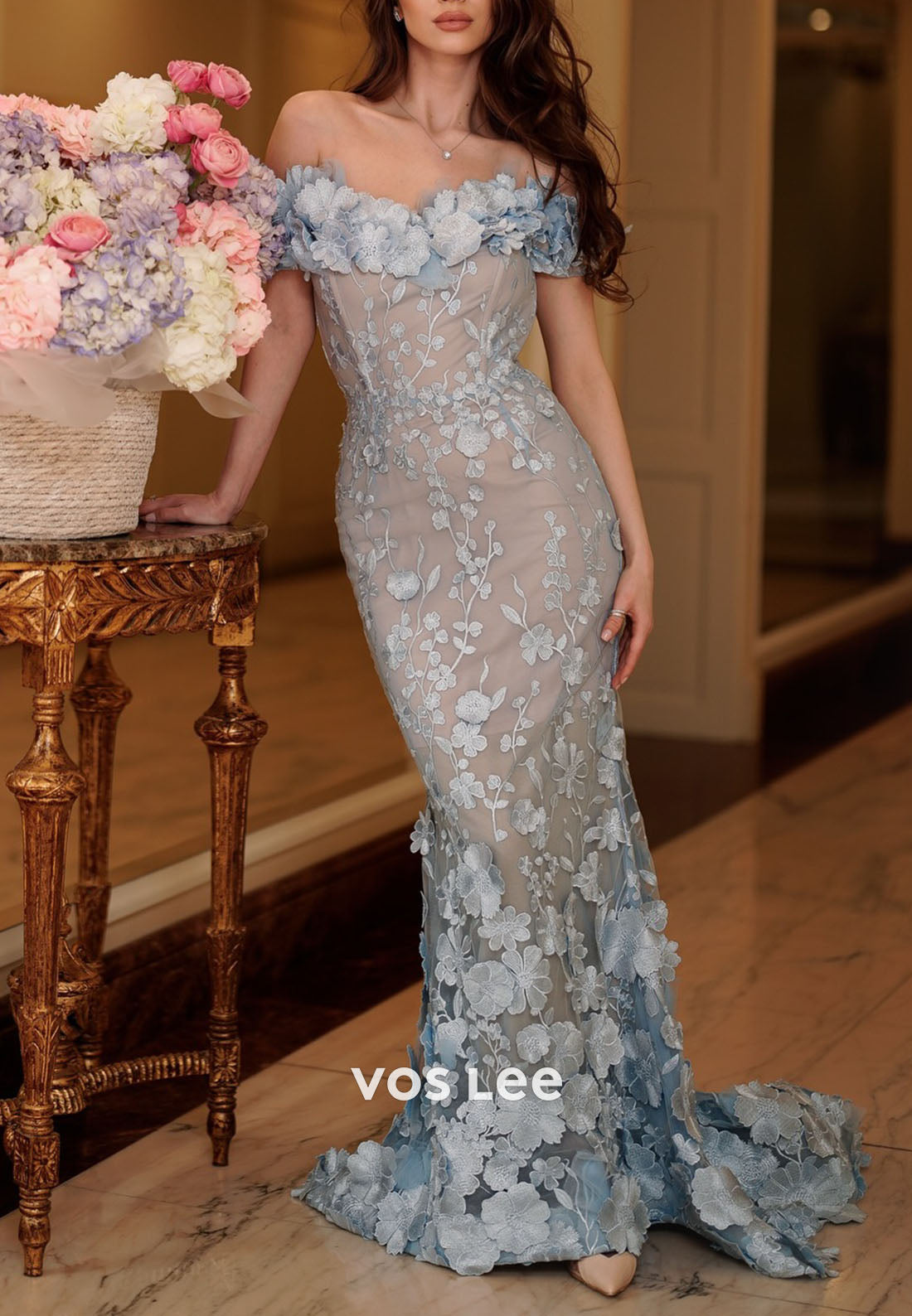 Light Blue 3D Floral Off Shoulder Mermaid Prom Dress, Formal Evening Gown for Women