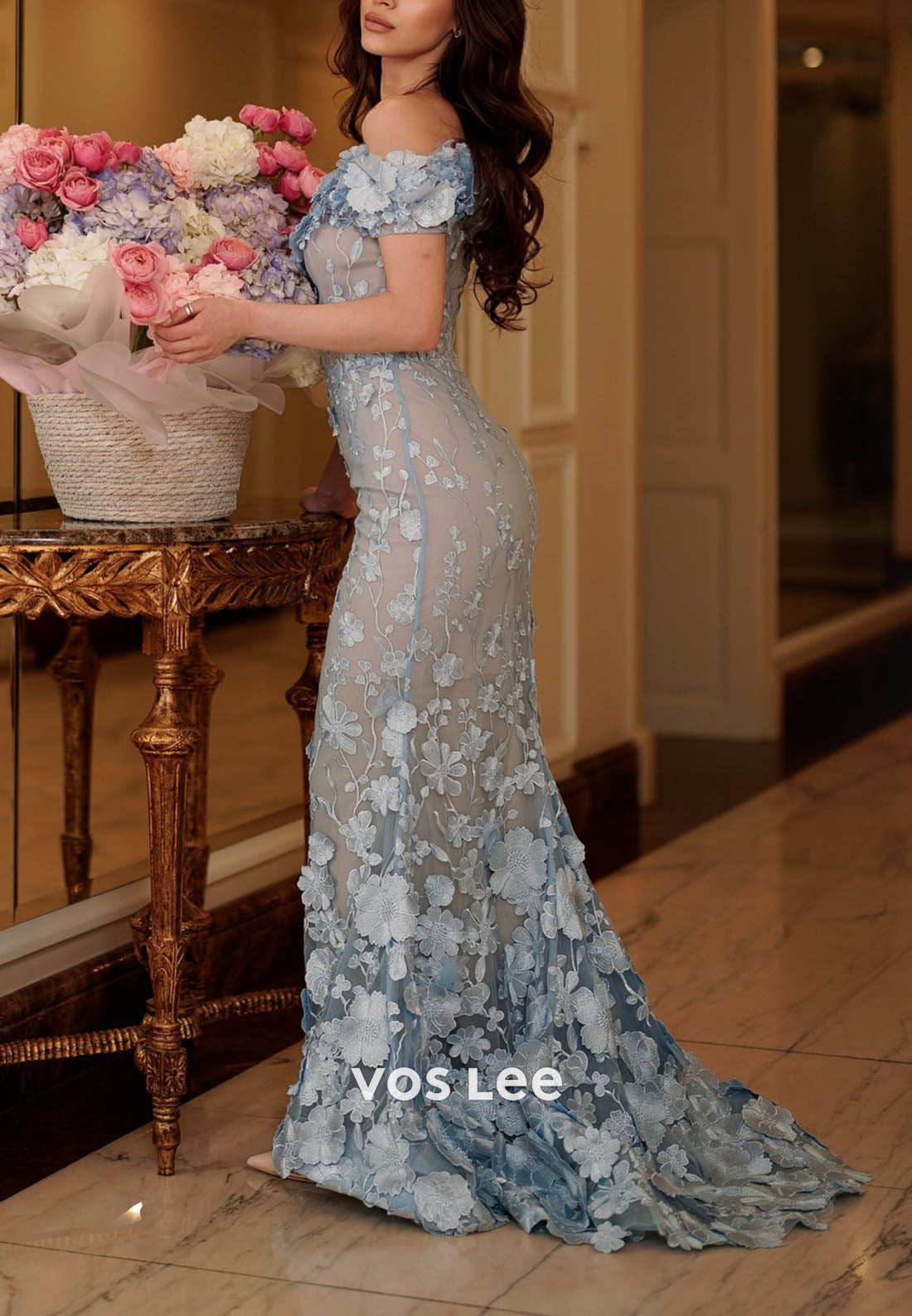 Light Blue 3D Floral Off Shoulder Mermaid Prom Dress, Formal Evening Gown for Women