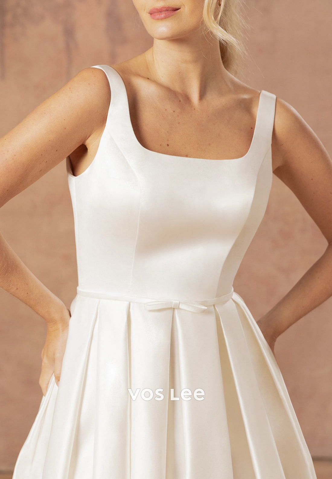 Couture & Ornate  A-Line Square Tea-Length Pleated Wedding Dresses with Pockets