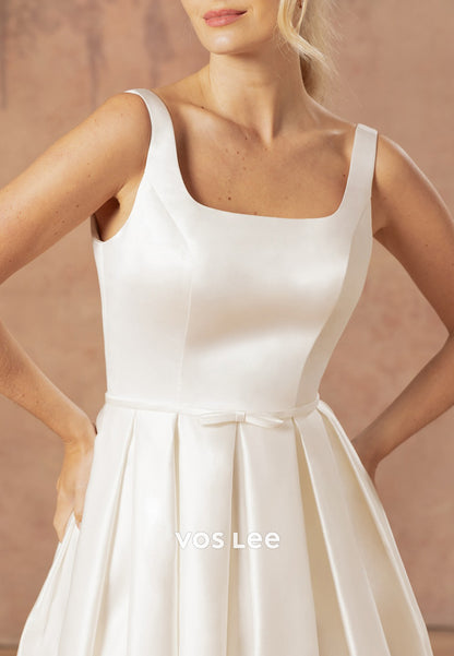 Couture & Ornate  A-Line Square Tea-Length Pleated Wedding Dresses with Pockets