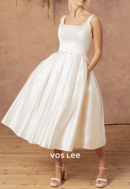Couture & Ornate  A-Line Square Tea-Length Pleated Wedding Dresses with Pockets