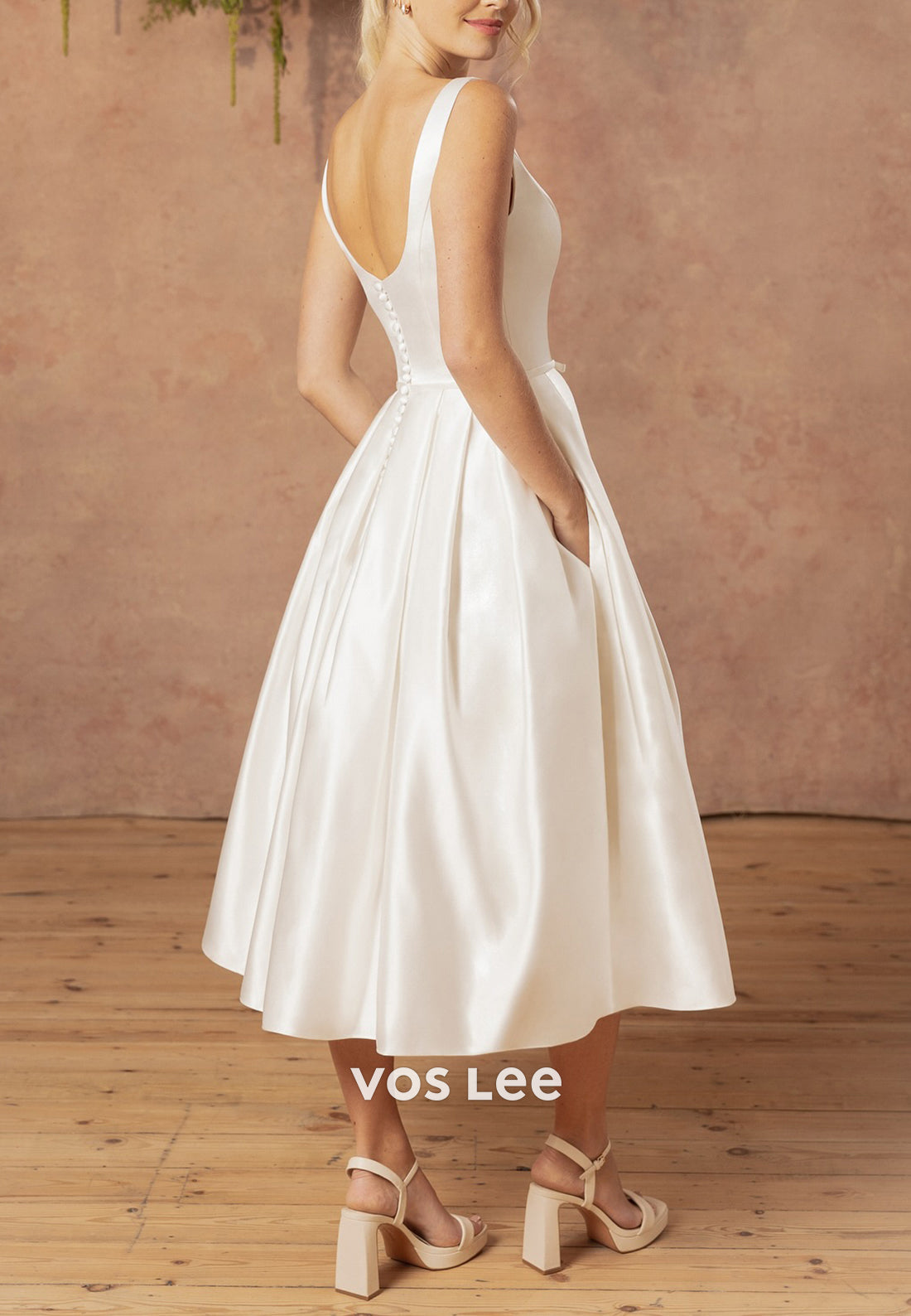 Couture & Ornate  A-Line Square Tea-Length Pleated Wedding Dresses with Pockets