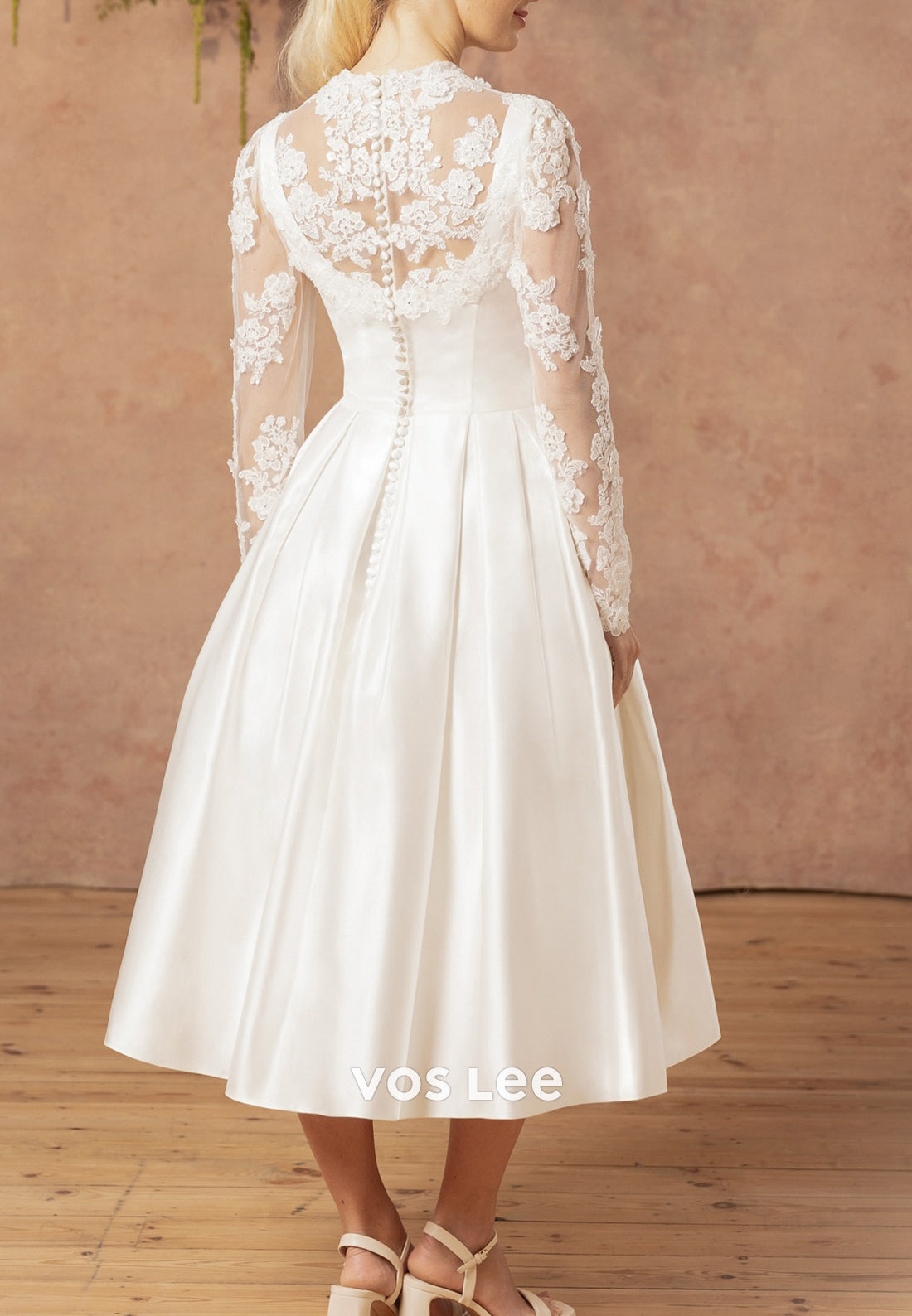 A-Line Illusion Neck Appliques Lace Pleated Wedding Dresses with Pockets