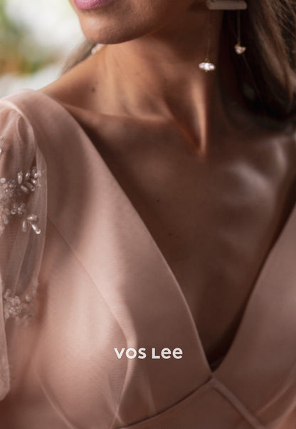 A-Line Short Sleeve V Neck Pearls Embellished Tea-Length Wedding Dresses