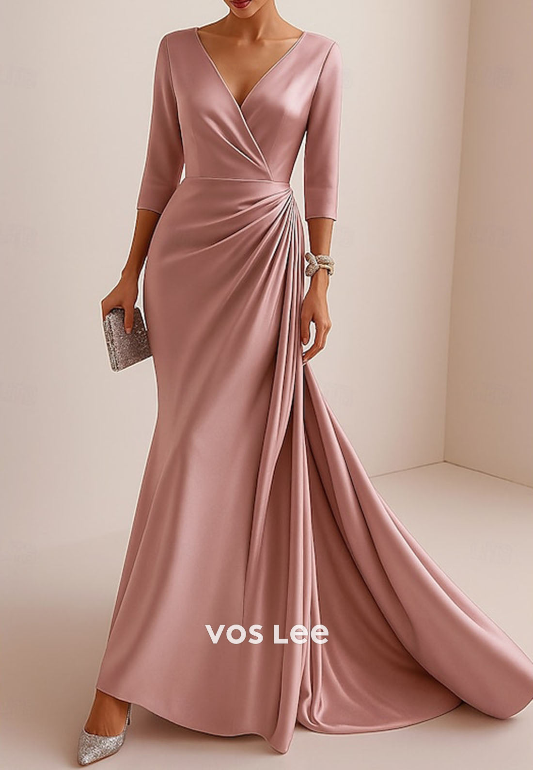 3_4 Length Sleeve V Neck Column Floor Length Evening Gown