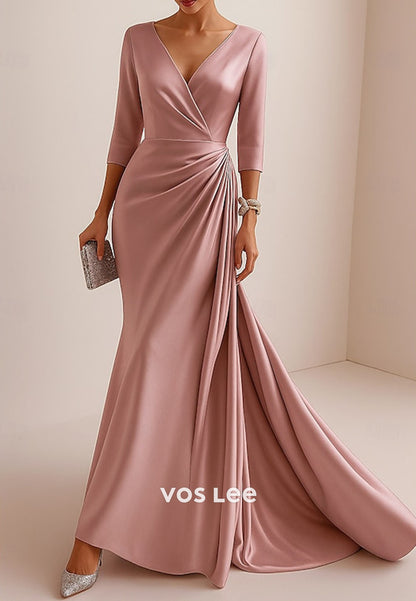 3_4 Length Sleeve V Neck Column Floor Length Evening Gown