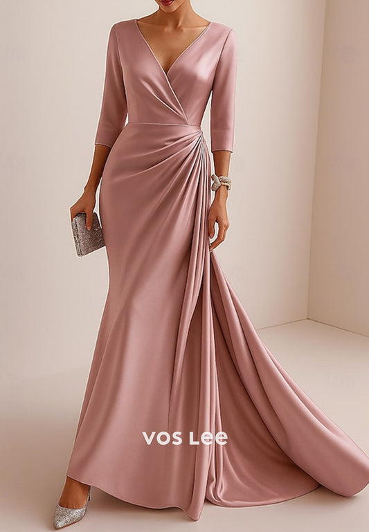 3_4 Length Sleeve V Neck Column Floor Length Evening Gown