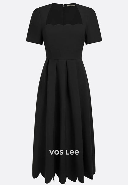 Simple A-Line Short Sleeve Queen Anne Ankle-Length Wedding Guest Dresses