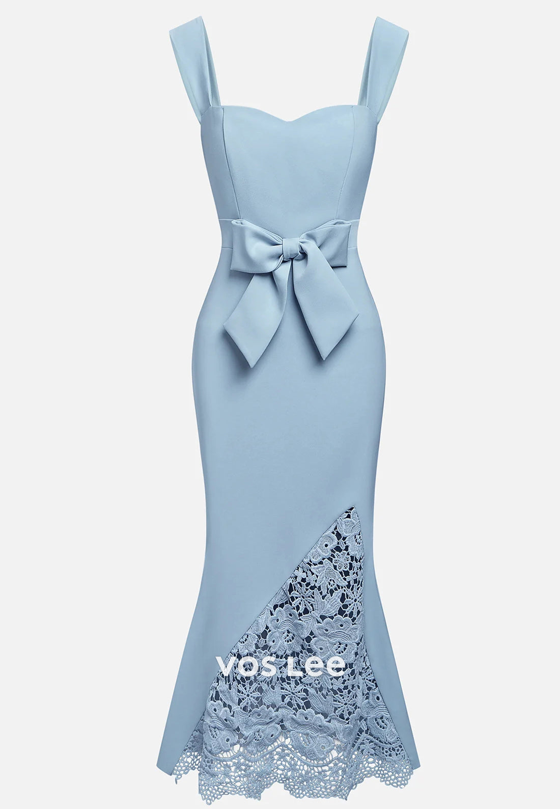 Sky Blue Sweetheart Bowknot Tea-Length Lace Mermaid Wedding Guest Dresses
