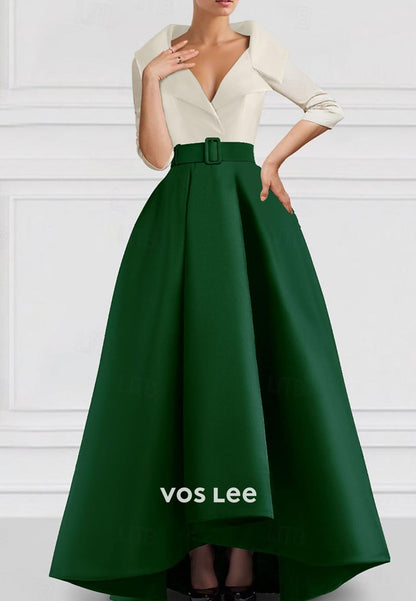 Classic A-Line V-Neck Long Sleeves High Low Evening Formal Dress