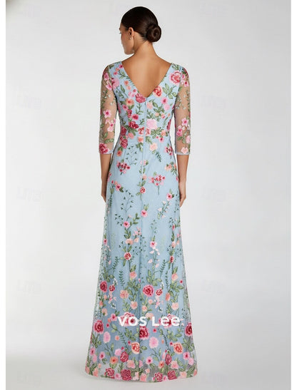Sky Blue Floral Embroidered Maxi Dress | 3/4 Sleeve V-Neck Evening Gown