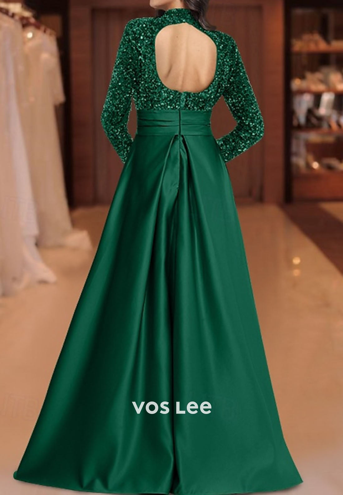 High-Neck Sequined Long-Sleeves A Line Evening Dress Formal Gowns