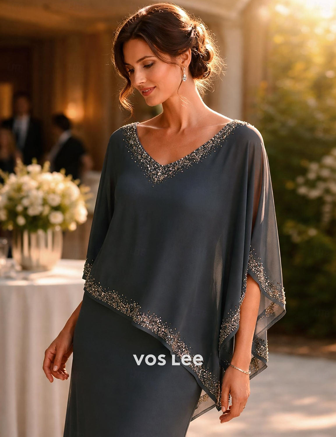 Grey Chiffon Cape Overlay Maxi Dress | Beaded V-Neck Formal Evening Gown