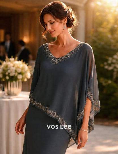 Grey Chiffon Cape Overlay Maxi Dress | Beaded V-Neck Formal Evening Gown