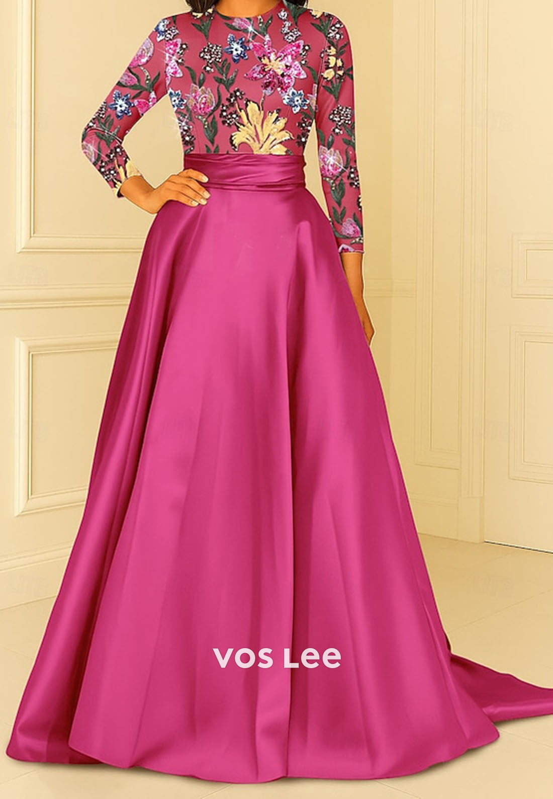 O-Neck Long Sleeves Sequins Flwers A Line Satin Evening Dress Mother Dress