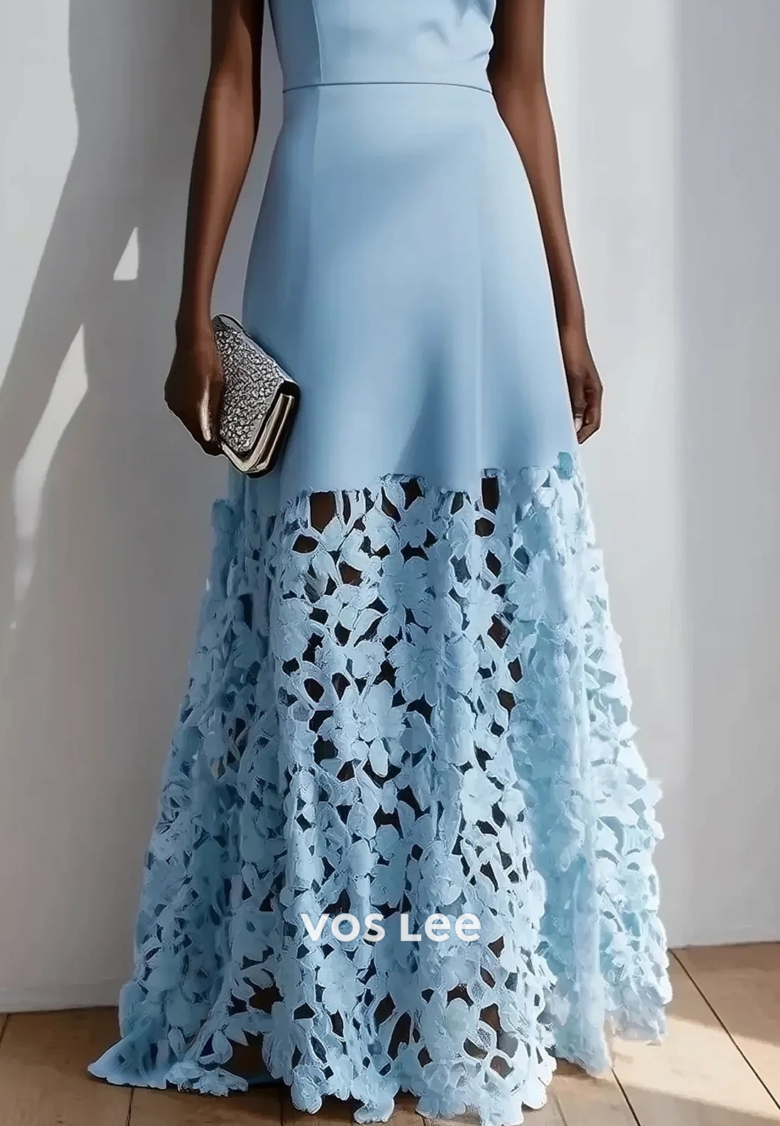 Sky Blue Illusion Cutout Bateau Neck Floor-Length Wedding Guest Dresses