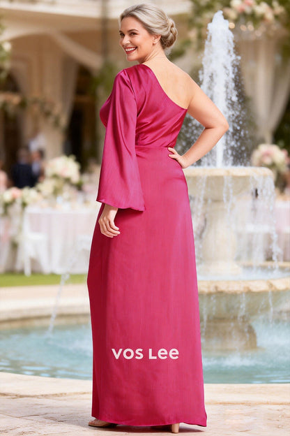 Pink One-Shoulder Maxi Dress with Flared Sleeve | Perfect for Weddings & Galas