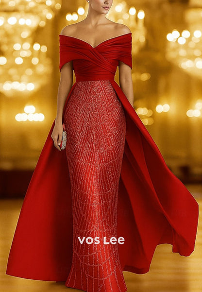 Red  Off the shoulder Floor-LengthEvening Gown with Sequined