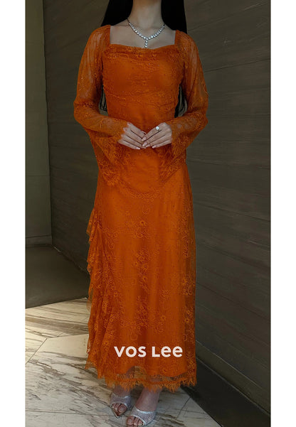 Long Sleeve Square Lace Appliques Rhinestone Ankle-Length Long Evening Dresses