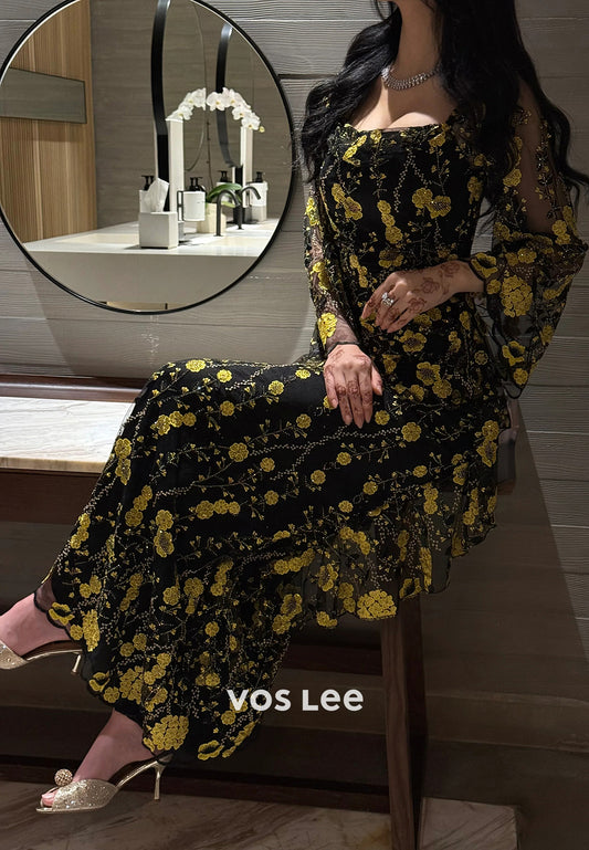 Simple Long Sleeve Square Ankle-Length Appliques Lace Sheath Evening Dresses