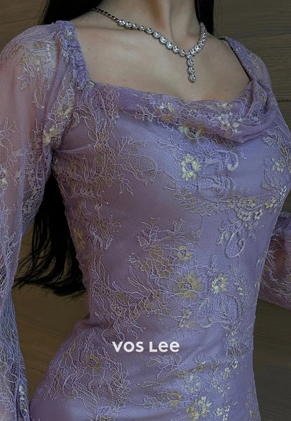 Gorgeous & Charming Lilac Long Sleeve Scoop Appliques Lace Long Evening Dresses