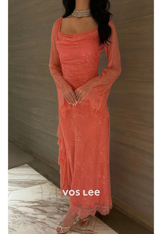 Long Sleeve Scoop Pleated Sheath Appliques Lace Ankle-Length Evening Dresses