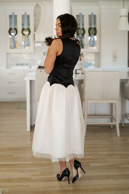 Black Top White Tulle Midi Dress | Sleeveless A-Line Gown