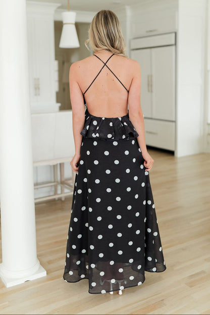 Black Polka Dot Halter Maxi Dress | Elegant Formal Evening Gown