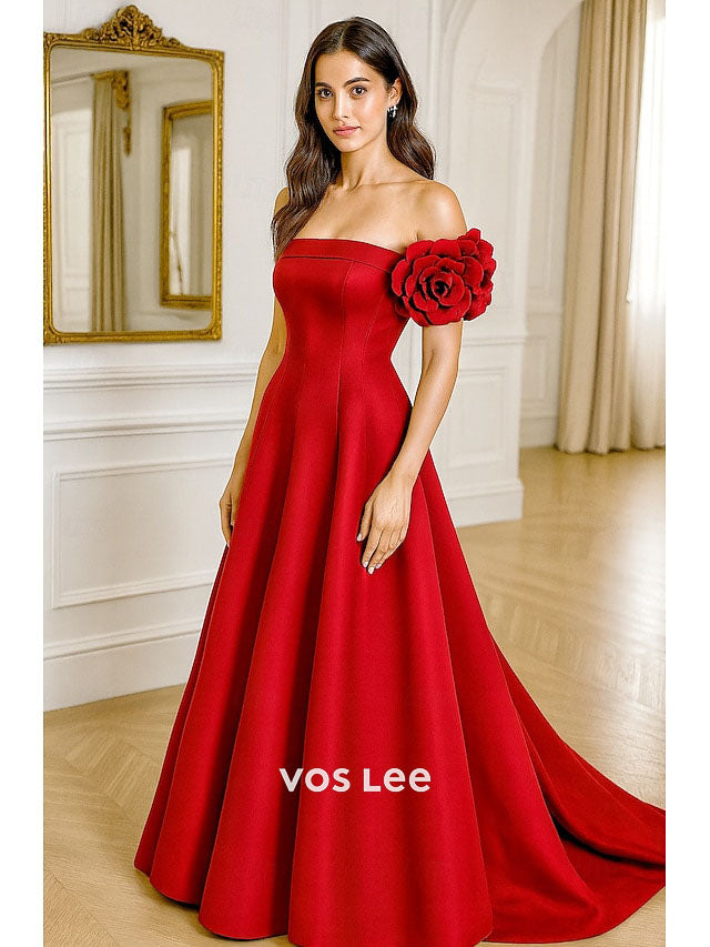Red Off-the-Shoulder A-Line Gown – Satin Formal Dress with Oversized 3D Rose Detail