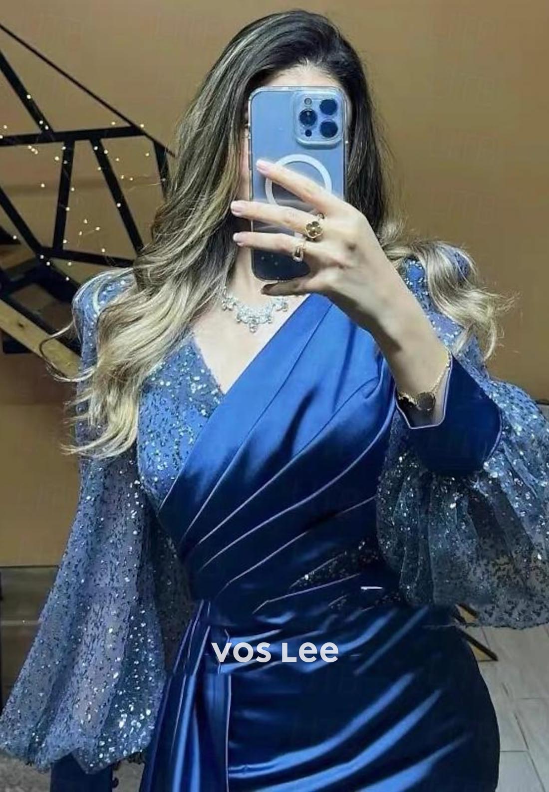 Long Sleeves Ruched Sequined Mermaid Evening Dress with Sweep Train