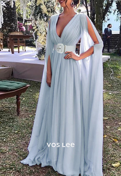 Gorgeous & Charming  A-Line Low V-Neck Pleated Tulle Party Evening Dress with belt