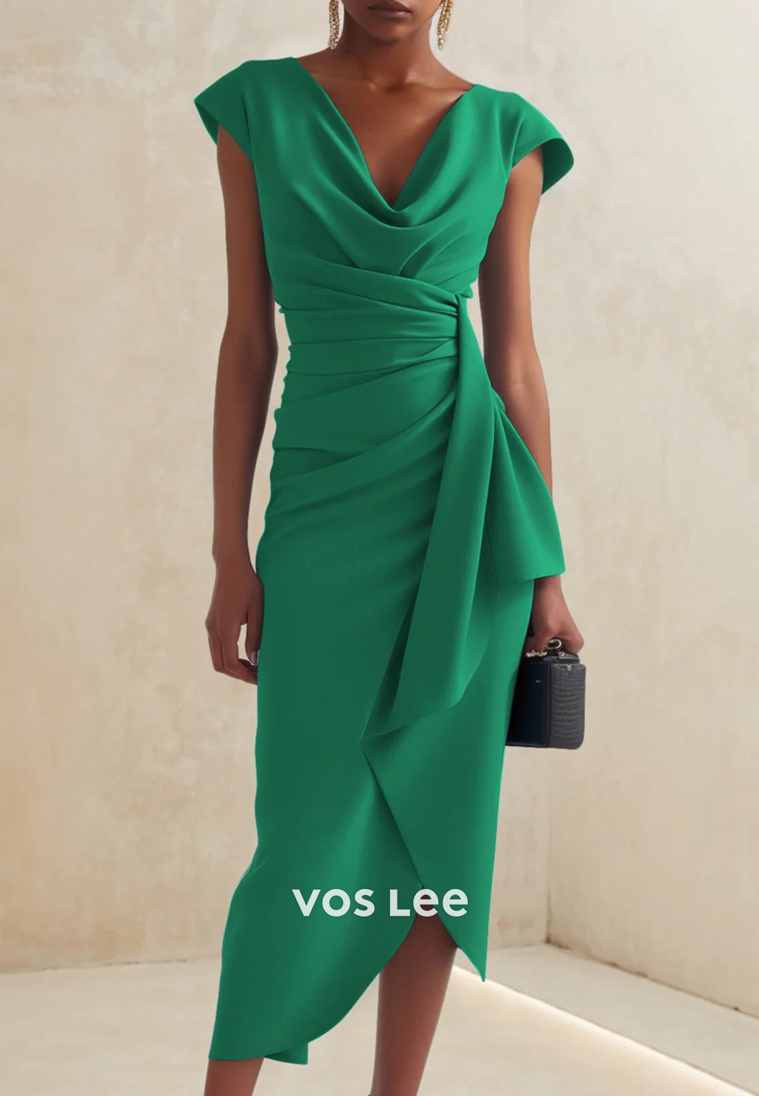 Classic Cap Straps V Neck Sheath Pleated Tea-Length Wedding Guest Dresses