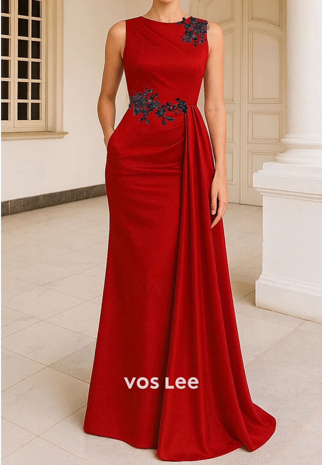 Sleeveless Crew Neck Floor Length Beaded Sequins Evening Gown with Pocket