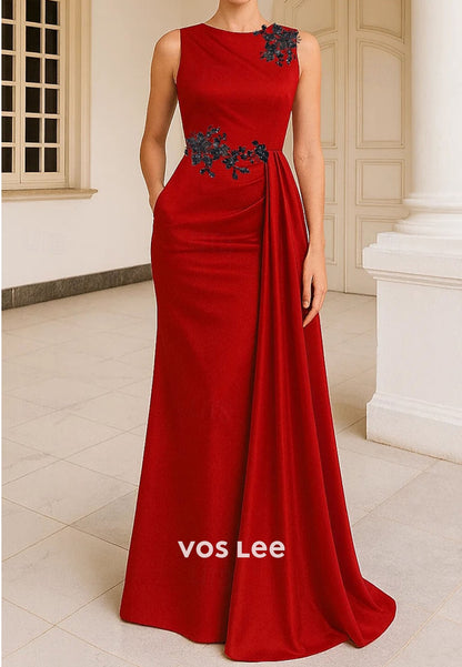 Sleeveless Crew Neck Floor Length Beaded Sequins Evening Gown with Pocket