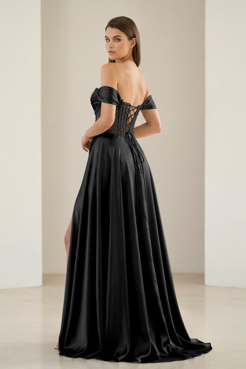 Sage Off The Shoulder A Line Satin Beaded Prom Dresses With Slit