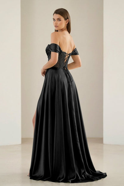Sage Off The Shoulder A Line Satin Beaded Prom Dresses With Slit