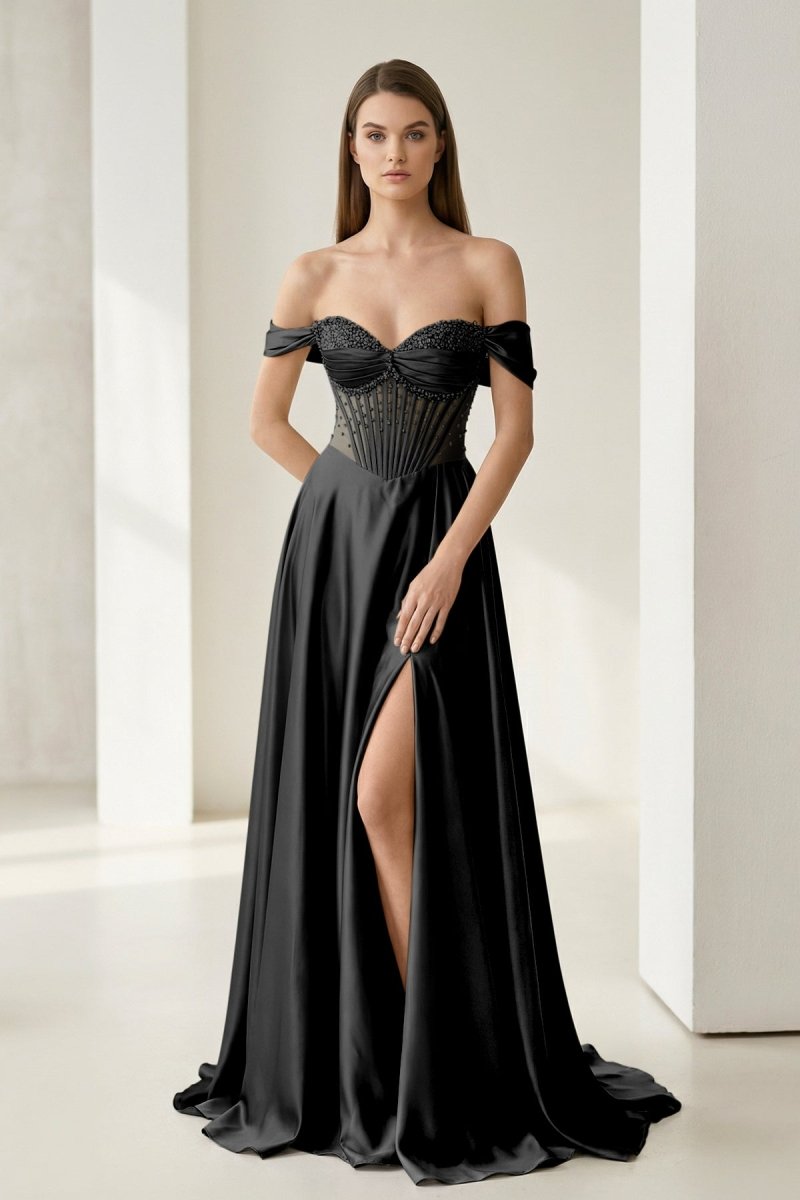Sage Off The Shoulder A Line Satin Beaded Prom Dresses With Slit