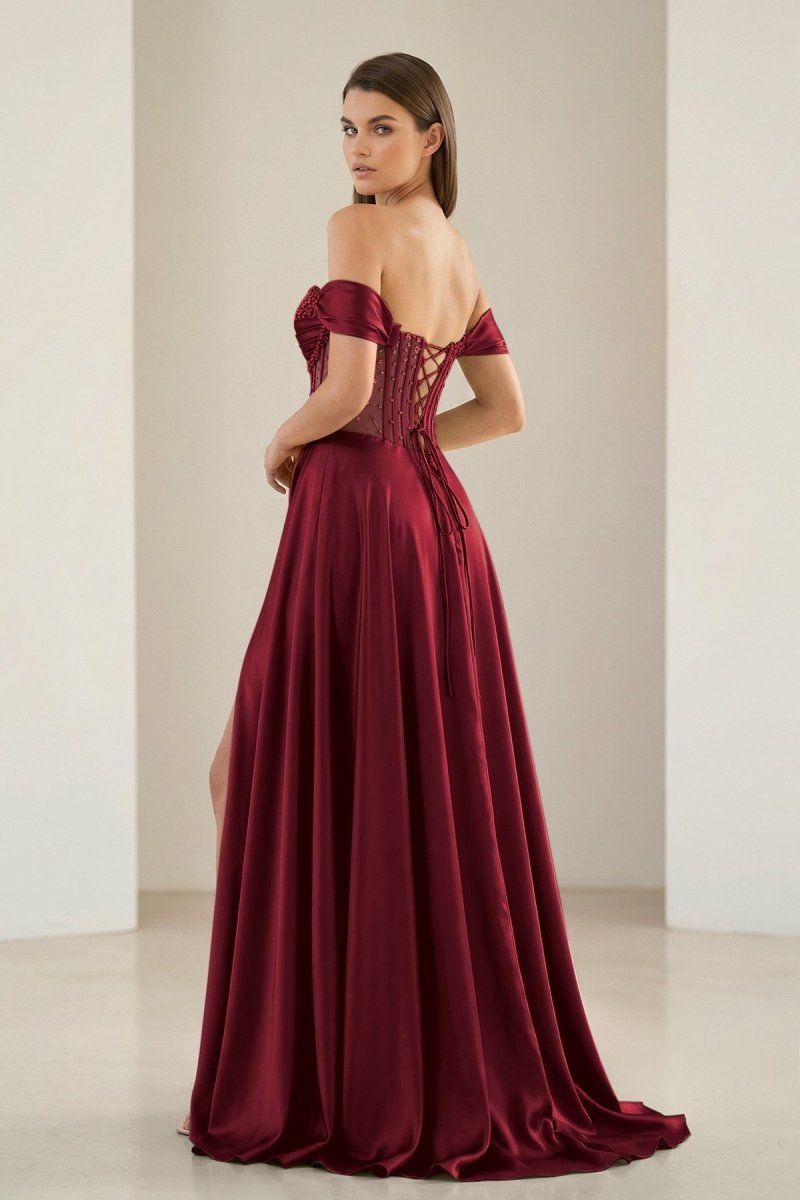 Sage Off The Shoulder A Line Satin Beaded Prom Dresses With Slit