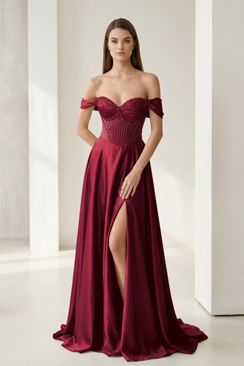 Sage Off The Shoulder A Line Satin Beaded Prom Dresses With Slit