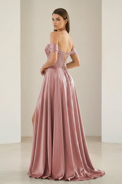 Sage Off The Shoulder A Line Satin Beaded Prom Dresses With Slit