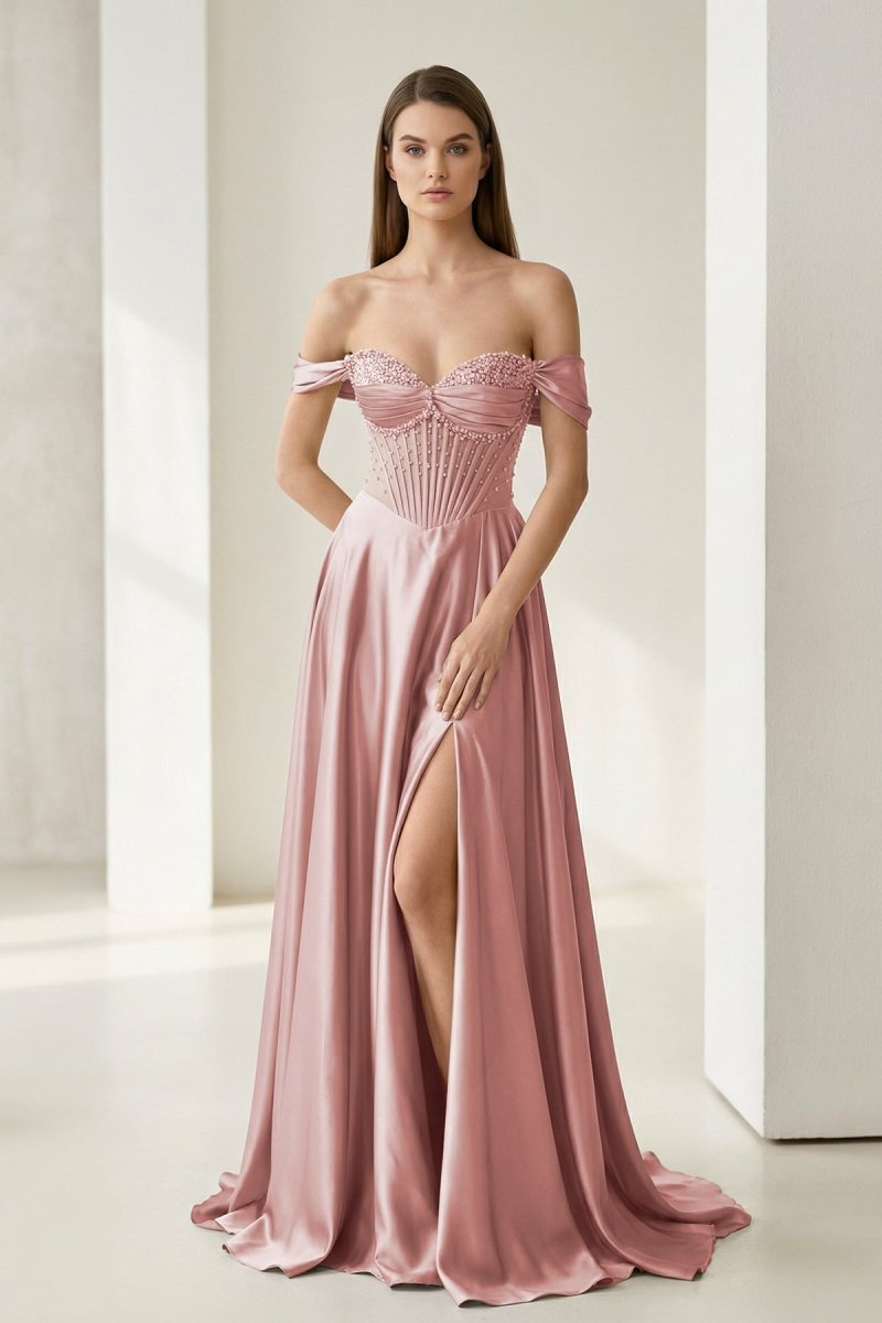 Sage Off The Shoulder A Line Satin Beaded Prom Dresses With Slit