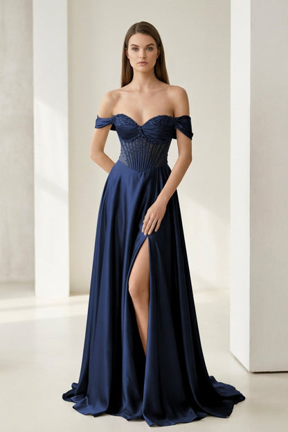 Sage Off The Shoulder A Line Satin Beaded Prom Dresses With Slit