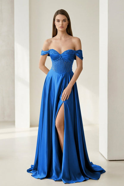 Sage Off The Shoulder A Line Satin Beaded Prom Dresses With Slit
